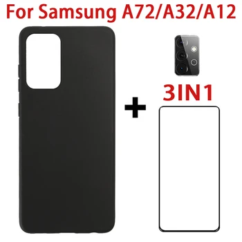 Samsung Galaxy A72 Atveju + Kamera + Grūdintas Stiklas Screen Protector Filmas A12 A32 A42 5G Matinio Slim TPU Minkštas Galinį Dangtelį