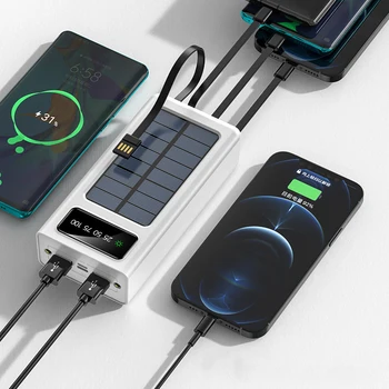 Saulės Energijos Banko 30000mAh Nešiojamų Įkrovimo PowerBank Pastatytas 4 Kabeliu Skaitmeninis LED Ekranas Poverbank Išorės Baterija Bankas
