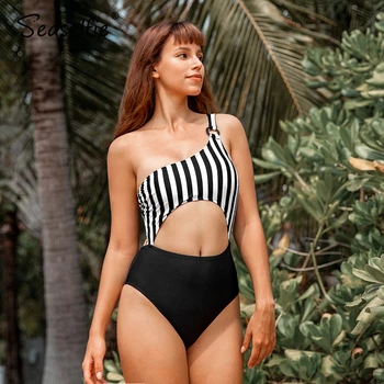 SEASELFIE Vieno Peties O-žiedas Išpjovą vientisi maudymosi kostiumėlis Moterims Seksualus Juodas Dryžuotas Monokini maudymosi Kostiumėliai, 2021 Naujas Paplūdimio Maudymosi Kostiumas