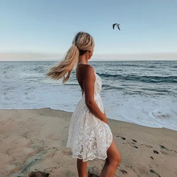Seksualus Berankovė Baltos spalvos Nėrinių Suknelė Moterų V-Kaklo Backless-line Suknelės Beach Vacation Mados Retro Vasaros Suknelė Moterims 2021