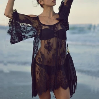Seksualus soild tinklelio nėriniai danga-ups ilgomis rankovėmis paplūdimio Pynimas moterų maudymosi kostiumėlį Juodos spalvos Elegantiškas maudymosi kostiumėliai, paplūdimio suknelė Maudymosi kostiumas Naujas