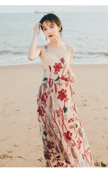 Sexy Vasaros Suknelė 2021 Vintage Mada Moterims Appliques Gėlių Siuvinėjimo Tinklelio, Midi Suknelė, Prašmatnus Spagetti Dirželis Paplūdimio Atostogų Suknelė