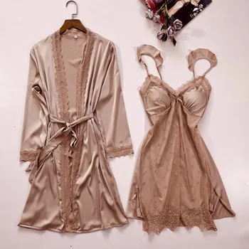 Sleepwear Moterų Nėrinių Apdaila 2VNT Kimono Skraiste Suknelė 