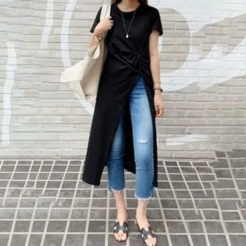 Slim Fit Classic Baltas Juodas Ilgas Marškinėlius Prašmatnus Dizainas Pusėje Ritininės Moterys Vasarą Trumpomis Rankovėmis Viršuje Tees Korėjos Japonija Atsitiktinis Marškinėliai