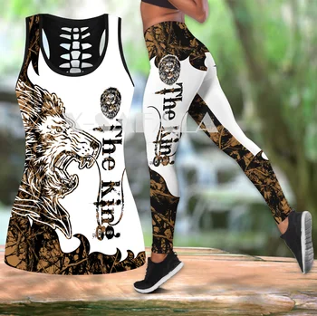 Tatuiruočių Karalius Liūtas Meno Legings Dviejų dalių Jogos Rinkinį Moterims 3D Spausdinimo Vest Tuščiaviduriai Iš Bako Viršuje Aukšto Juosmens Legging Vasaros Atsitiktinis Sporto-1