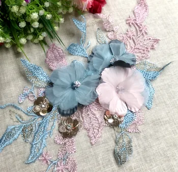 Trimatis spalvos gėlių siuvinėjimas nėrinių pleistras drabužių suknelė vaikų vestuvių suknelė namų puošybai pleistras