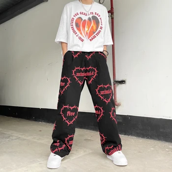 UNCLEDONJM Raudona Širdis krovinių kelnės streetwear japonijos mados baggy pants high street goth mens drabužių hip-hop vyrų kelnės 21029