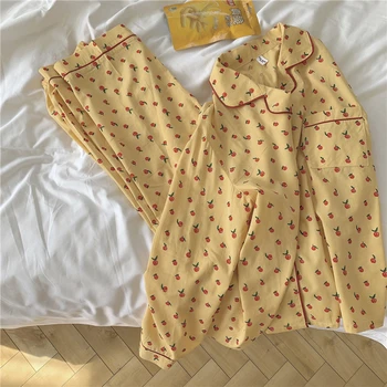 Vaisių spausdinimo, medvilnės pižama nustatyti atlapas apykakle ilgomis rankovėmis moterų kostiumas elastinga juosmens kelnes pijamas sleepwear pavasarį, rudenį Y348