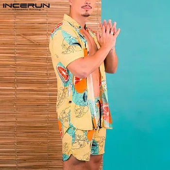 Vasarą Vyrai Spausdintų Rinkinių Mados Streetwear Atvartas Trumpas Rankovės Marškinėliai Paplūdimio Šortai 2021 Atsitiktinis Vyrų Havajų Kostiumai 2 vnt INCERUN