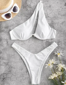 Vientisos Baltos Bikini Moterims 2021 Nauja Seksuali Vieną Petį maudymosi kostiumėlį Aukšto Juosmens maudymosi Kostiumėliai, Push Up Bikini, Maudymosi Kostiumą Femme Biquini