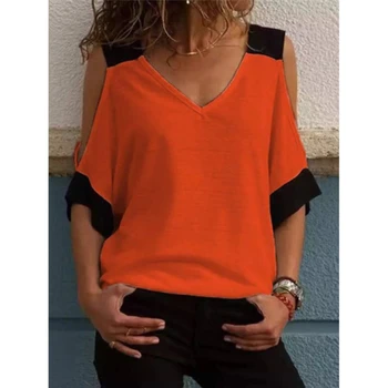 Vintage Marškinėliai Moterims 2021 M. Vasarą Kratinys Kieto V-kaklo, 3/4 Rankovės nauja, T-shirt Off Peties Viršūnės Atsitiktinis Marškinėliai, Femme