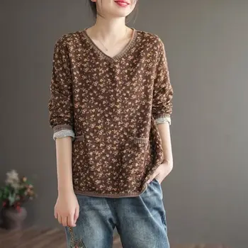 Vintage Marškinėliai Moterims ilgomis rankovėmis Marškinėliai Medvilniniai Skalbiniai V kaklo Laisvi Marškinėliai, Moteris Rudens Drabužiai Pagrindinio Marškinėlius Ponios Atsitiktinis Viršų