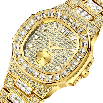Visą Deimantų 18k Aukso laikrodis Vyrams Hip-Hop Lediniame Iš Vandeniui Kvarco Žiūrėti Nerūdijančio Plieno Mados Prabangus Laikrodis Montre Homme