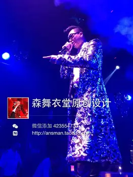 Vyrai sidabro totem išsiuvinėti ilgai drabužiai vyrų dainininkas DJ naktiniame klube bar svečias Xiao Jingteng pat skėtis tipo kostiumai hombre