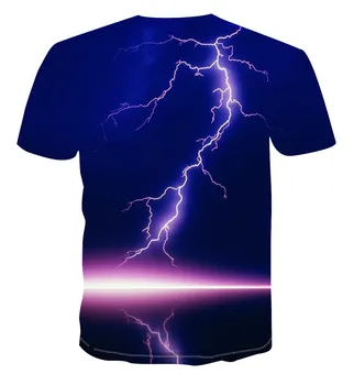 Vyriški 3D vasaros atspausdintas T-shirt, žaibo kraštovaizdžio spausdinti vyrų juoda vasaros apvalios kaklo paplūdimio T-shirt