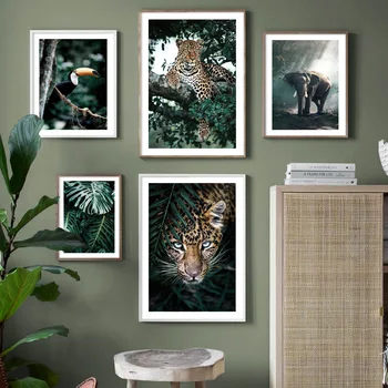 WTQ Drobės Tapybos Laukinių Džiunglių Leopardas, Dramblys Tropinių Paukščių Lapų Šiaurės Gyvūnų Plakatas Sienos paveiksl Kambario Dekoro Namų Dekoro