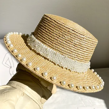 XiaDaiLa 2020 Naujų Perlų Apdaila Saulės Kepurės Moterims Flat Top Džiazo Fedoras Panama Vasaros Šiaudų Skrybėlę Trumpa Mėlyna Juosta Paplūdimys Skrybėlės