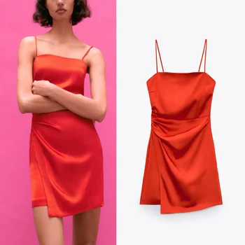 Za 2021 M. Vasarą Raudona Ruched Mini Suknelė Moterims Sexy Satin Spagečiai Dirželiai Backless Suknelių Mados Asimetriškas Hem Šalies Moteris Suknelė