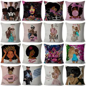 ZENGIA Black Brown Baby Mom Queen Pillow Case Linen 45*45 Cartoon Girl Cushion Cover for Sofa Home Throw Pillowcase Mother's Day