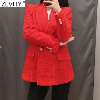 Zevity Moterims Anglijoje Stiliaus Dvigubo Breasted Tekstūros Tvido Vilnonis Švarkas Kailis Office Ponios ilgomis Rankovėmis Raudona Kostiumai, Elegantiškos Viršūnes CT696
