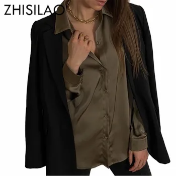 ZHISILAO Satino Palaidinė Moterų Plius Dydis Office Lady Oficialų Derliaus Elegantiškas Marškinėliai Mujer Kietas ilgomis Rankovėmis Blousa Pavasario 2021 Viršūnės