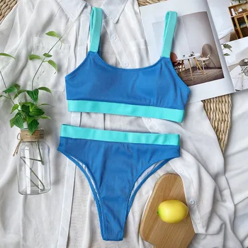 Šonkaulio Spalvos Bloką Bikini Išorinis Vieno maudymosi kostiumėlį Moterų Duobę Juostos Kietosios Aukšto Juosmens Maudymosi Kostiumas Naujas 2020 m.