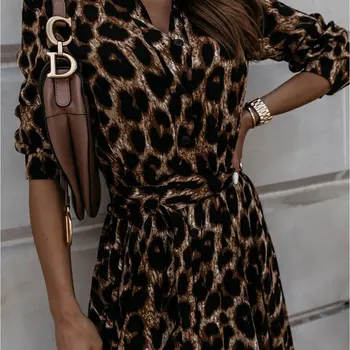 Žiemos Atsitiktinis Leopardas Spausdinti Maxi Suknelė Moterims Plonas Nėrinių Mygtuką Ilgomis Rankovėmis Vidurio Blauzdos Šalis Suknelės Moterų 2020 M. Mados Vestidos
