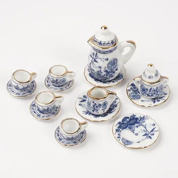 15vnt/rinkinys lėlių namelis miniatiūriniai mėlynos ir baltos spalvos rinkinys Keramikos modeliavimas puodą puodeliai, plokštės modelis žaislų rinkinys Lėlių priedai