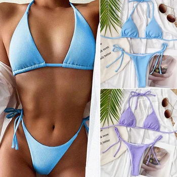 2 Gabalas Micro Bikini Komplektas Tvarstis Backless Brazilijos Maudymosi Kostiumėlį Moterų Paplūdimio Biquini Rinkinys Sexy Kietas Trikampis Bikini Maudymosi Kostiumėliai