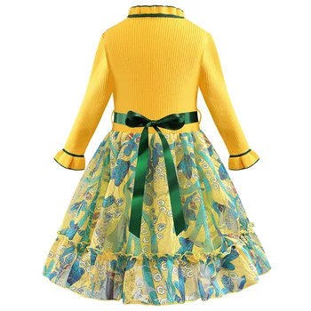 2020 Naujų Rudens Megztinis Susiuvimo Lankas Suknelė Geltona Žalia Vaikų Princesė Suknelė Mergaitėms, Drabužiai Temomis Mergaičių 12 Metų