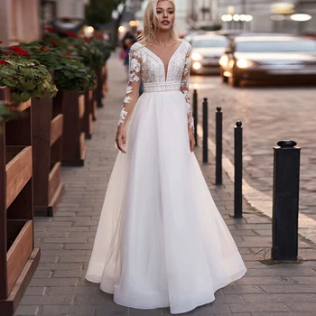 2021 ADLN Vien Kaklo Nėrinių Vestuvių Suknelės ilgomis Rankovėmis A-line Bridal Gown Boho Nuotakos Suknelė Vestido de Novia