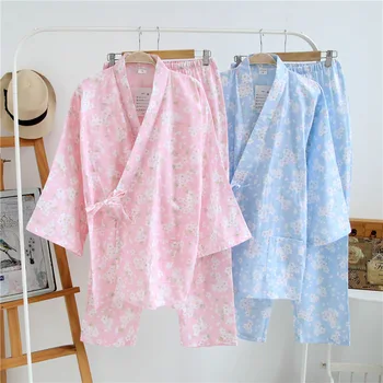 2021-Japonų stiliaus Medvilnės Kimono Pižama Kostiumas Moterims Trijų ketvirtį įsiūtos Dvi-lizdinė Ilgas Kelnes Sleepskirt