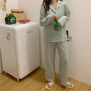2021 Korėjos Violetinė Tinklelis Mergaičių Naktiniai Marškiniai, Pižamos Nustatyti Mielas Žiemos Ilgos Rankovės Laisvalaikio Sleepwear Moterų Prarasti Naktiniai Drabužiai Homewear Kostiumas