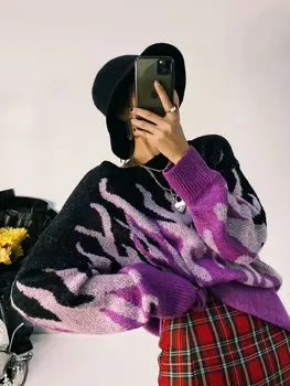 2021 m. pavasarį naujas apvalios kaklo laisvas megztinis moteriška liepsna žakardo megztinis spalvų atitikimo prarasti ins grynųjų red hot pardavimo megztinis