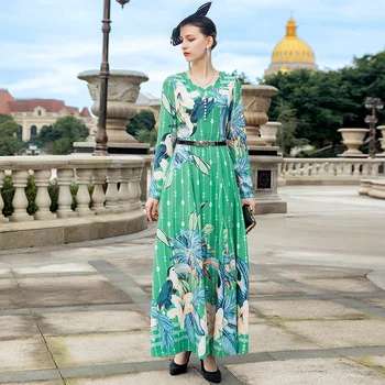 2021 m. Pavasarį, Rudenį Bohemijos Ilga Suknelė ilgomis Rankovėmis Atspausdintas Suknelė Žalia Gėlės Plus Size Vakaro Drabužiai DZ2611