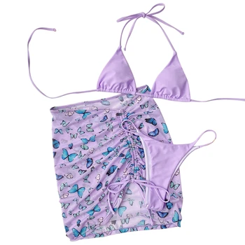 2021 Mados Moterų, Trijų dalių maudymosi kostiumėlį Apynasrio Bikini Drugelis Spausdinti Raišteliu Dizaino Vasaros Paplūdimys Atostogų Maudymosi Apranga