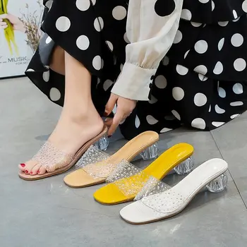 2021 Moterų Sandalai, Batai Įžymybė Dėvi Paprastus Stiliaus PVC Aišku, Strappy Sagtis Aukštakulnius Moteris Skaidrius Aukštakulnius Geltona