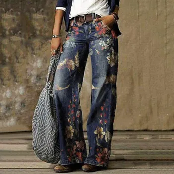 2021 Naujas Vasaros Derliaus Jeans Woman Kelnės Kaubojus Moterų Džinsai Laisvi Streetwear Mados Gėlių Spausdinti Platus, Kojos Ilgos Kelnės &JJ
