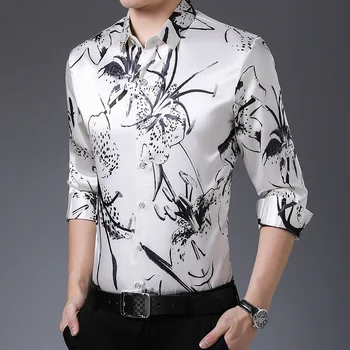 2021 Naujas Vyrų Mados Gėlių Spausdinti Atsitiktinis Slim Atvartas ilgomis rankovėmis Marškinėliai, Tendencija Jaunų Vyrų Marškinėliai Prekės ženklo Drabužių