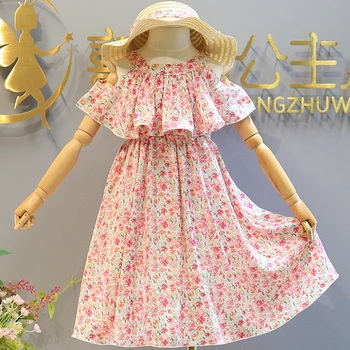 2021 Naujų Mergaičių Suknelė Mados Off-pečių Gėlių Spausdinti Vasaros Suknelė Atostogų Stilius Vaikų Suknelė + Hat