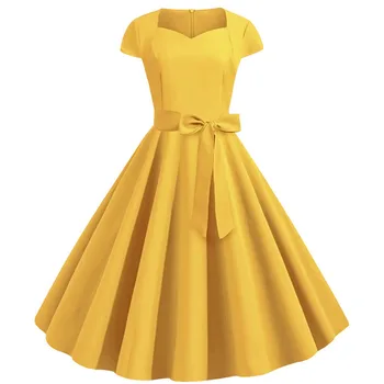 2021 Vasaros Kietas Geltona Spalva 50s 60s Vintage Suknelė Moterims trumpomis Rankovėmis Aikštėje Apykaklės Elegantiška Biuro Šalis 