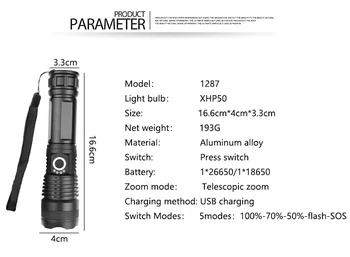 30000LM XHP50 LED Žibintuvėlis Zoomable 5 Režimai Žibintuvėlis atsparus Vandeniui Žibintuvėlis, USB Įkraunamas Žibintuvėlis Vertus Šviesos 18650 Baterija