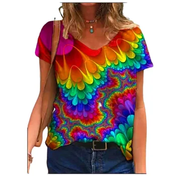 3D, Abstraktūs Moterų Print T Shirt Vasaros 2021 Naują Atsitiktinis trumpomis Rankovėmis V-Kaklo Tee Lady Mados Streetwear Negabaritinių Viršūnes Plius Dydis