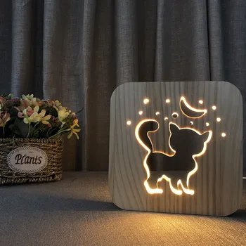 3D Medinio Naktį Šviesos Šuns Leteną Katė Gyvūnų Lempos Kūrybos Medžio Drožyba USB Įkrovimo Vaikai 