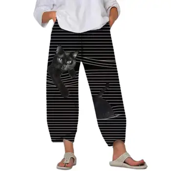 3XL Atsitiktinis Kelnės Moterims, Kelnės Vidurio Plati Juosmens Juosta Kelnės Katės Spausdinti Atostogų Vasarą Cool Plus Size Flare Kelnės Kelnės