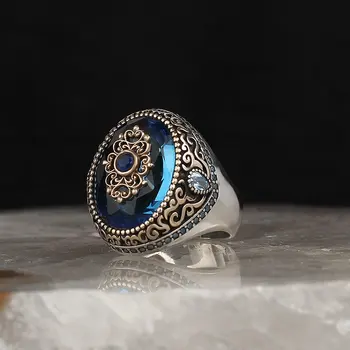 925 Sterlingas Sidabro Žiedas su Ovalo formos Raw Blue Aqua Marine Brangakmenio Vyrų Rankų darbo Senovinių Žiedas Pagamintas Turkijoje