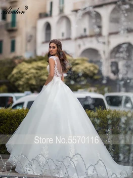 Alonlivn Duobute Blizgučiais Kristalai O-Kaklo Appliques Elegantiškas A-Line Wedding Dresses