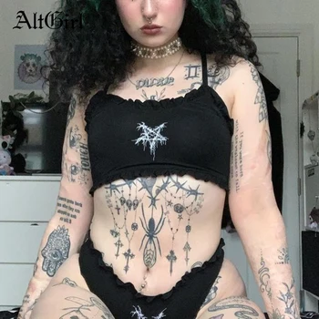 AltGirl Pastelinių Goth Seksualus Camis Moterų Estetinės Y2k Emo Alt Pentagram Spausdinti Stebėjimo Apkarpyti Viršūnes Dark Gothic Punk Grunge Liemenės