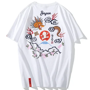 Aolamegs Japonijos Vyrų Marškinėlius Dragon Vyšnių Žiedų Print T-Shirt Vasaros Trumpomis Rankovėmis Atsitiktinis Viršų Tee Hip-Hop Harajuku Streetwear