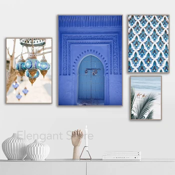 Boho Mėlyna Maroko Pakrantės Sienos Meno Tapybos Drobės Nuotraukų Senovės Durų Kupranugaris Paplūdimys, Palmių Foto Plakatus ir Spausdina Dekoras